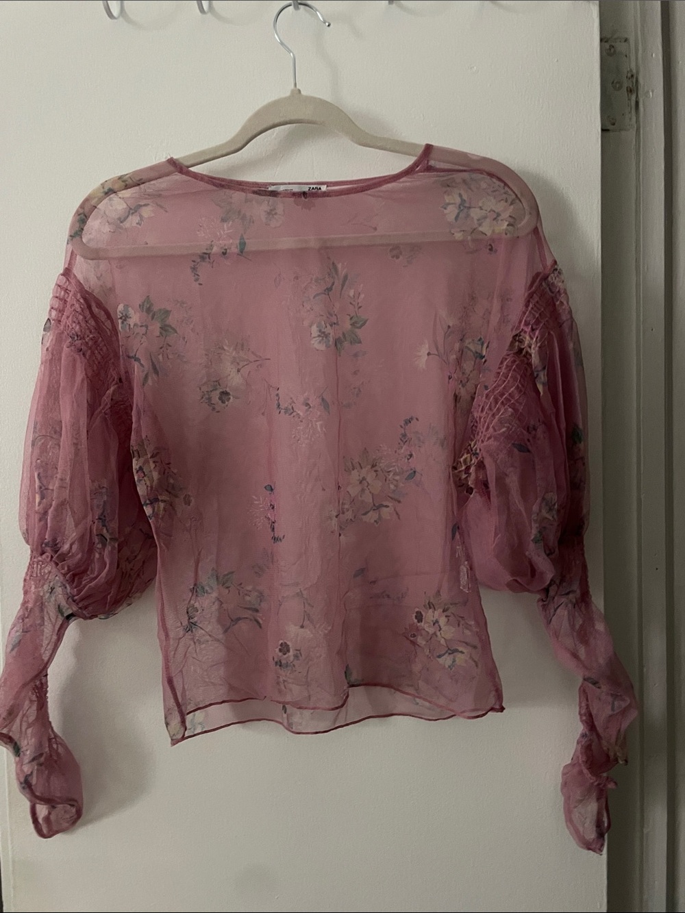 Women's Pink Sheer Floral Blouse - Lightweight Romantic Top Size M Zara